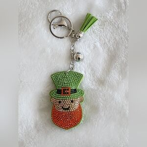 Sparkling Rhinestone Leprechaun Keychain with Green Tassel Bag Charm